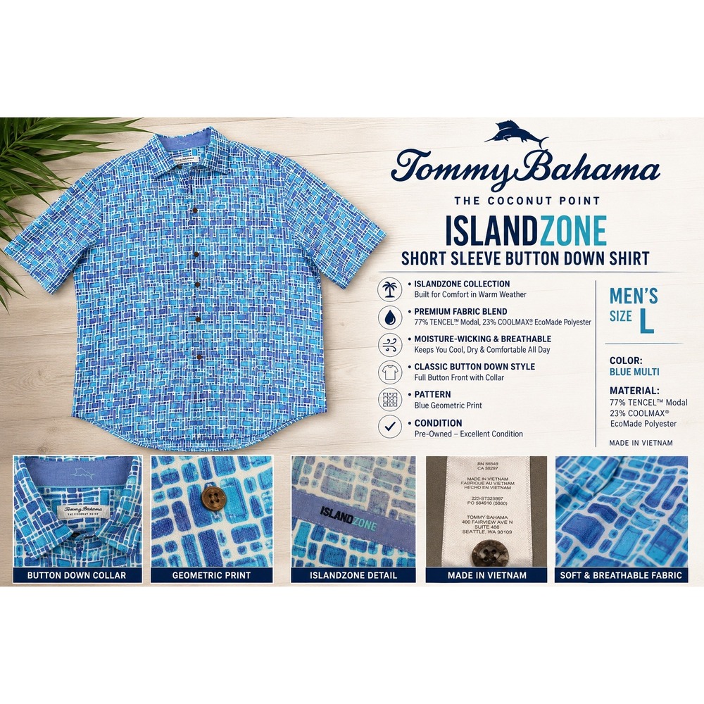 Tommy Bahama IslandZone Coconut Point Blue Mosaic Print Shirt ST325997 Mens L